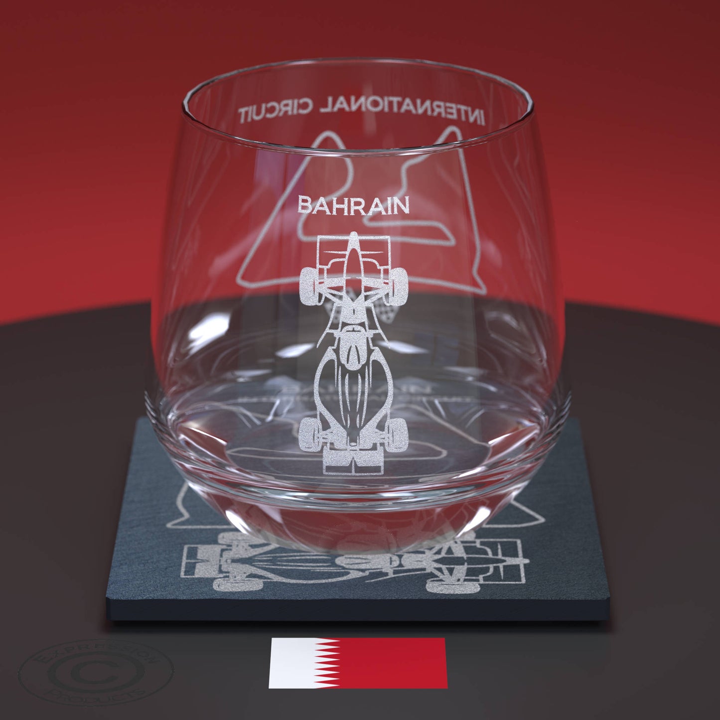 Bahrain Grand Prix F1 Engraved Whiskey Tumbler Glass And Slate Coaster Set, Formula 1 International Circuit Glass & Natural Coaster