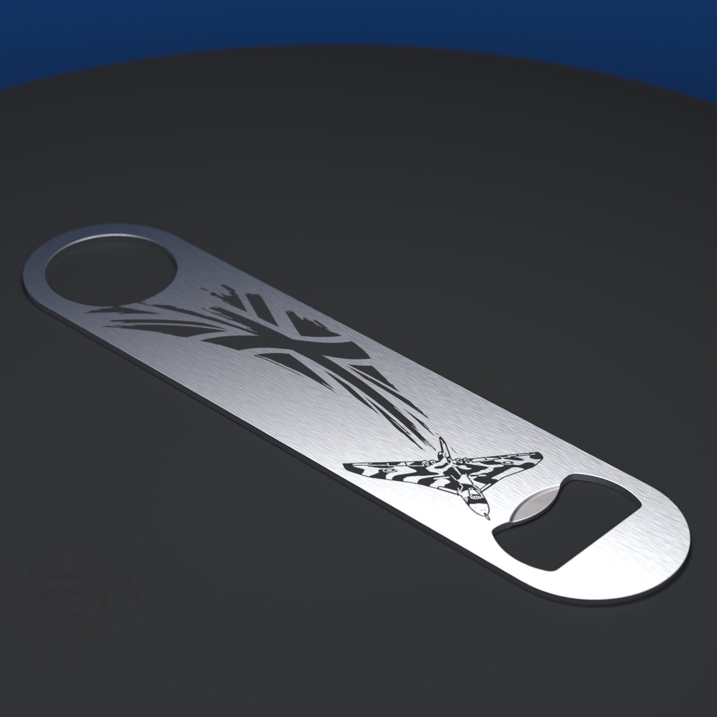 Avro Vulcan Bomber with UK Union Jack Flag Engraved Pint Glass Set including Pint Glass, Slate Coaster and Steel Bottle Opener