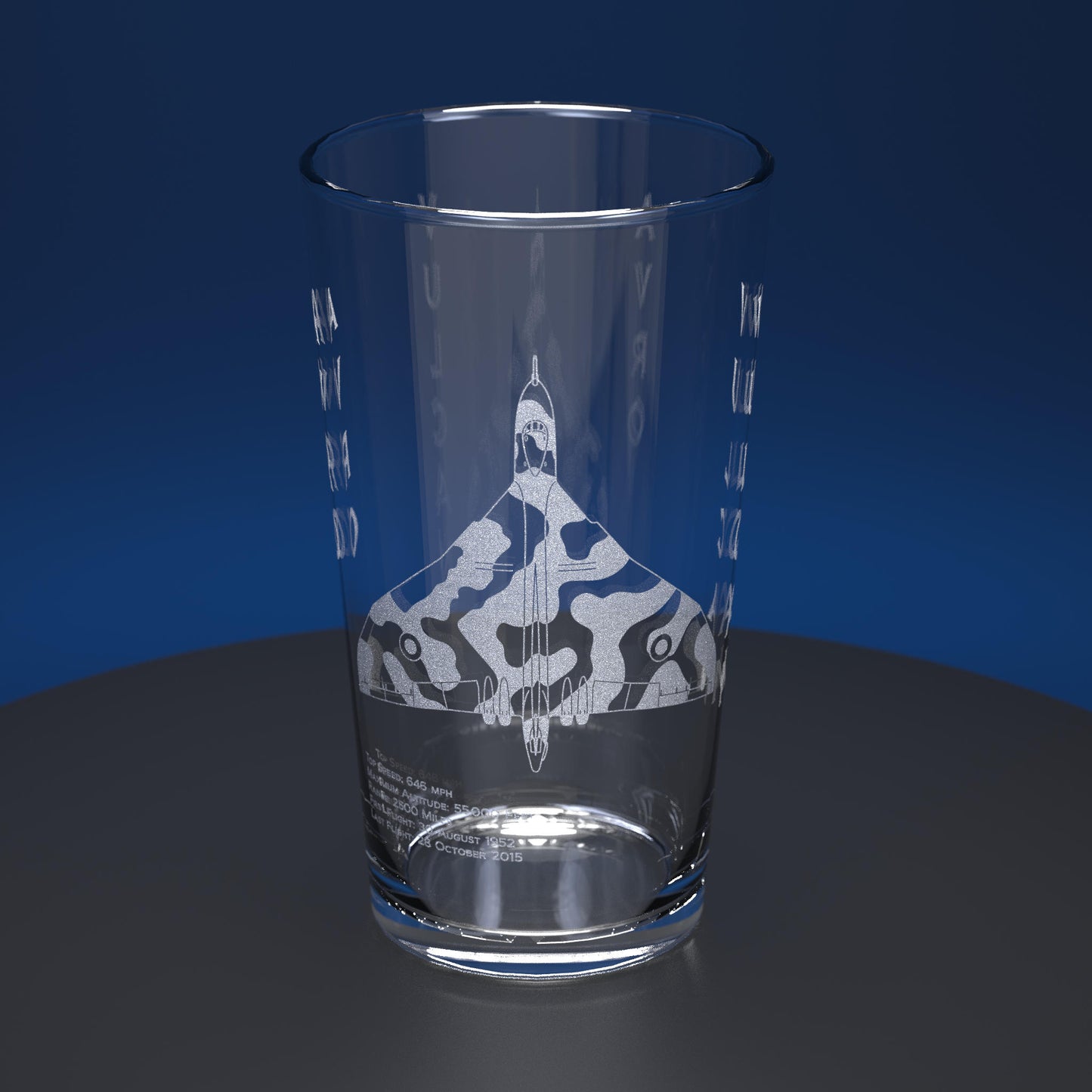 Pint glass engraved with avro vulcan xh558 