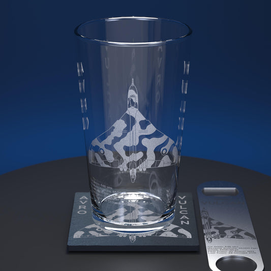 Pint glass set including avro vulcan xh558 engraved glass, together with matching engraved slate coaster and stainless steel bottle opener