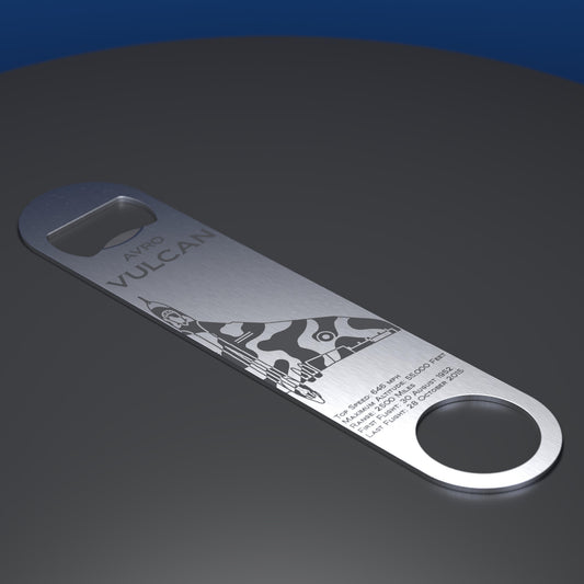 Stainless steel bottle opener engraved with Avro Vulcan XH558 aircraft