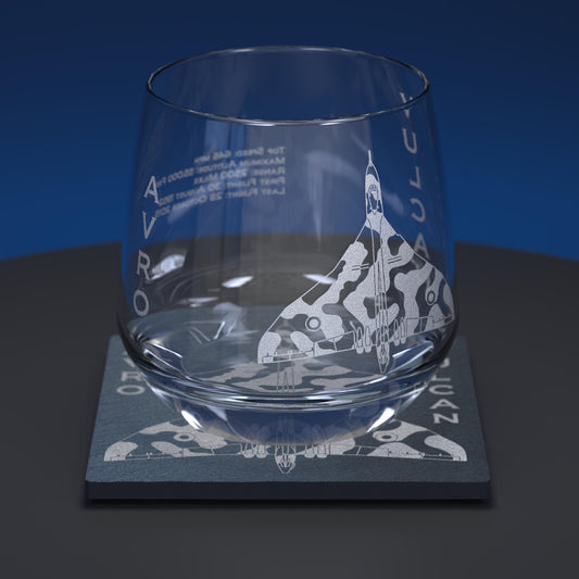 Glass whiskey tumbler engraved with Avro vulcan xh558 aircraft together with matching slate engraved coaster