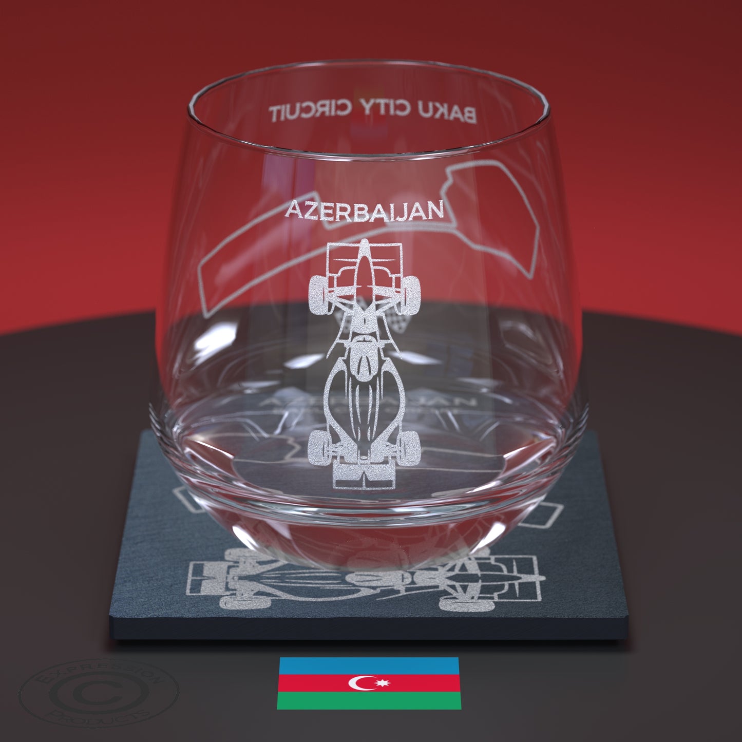 Azerbaijan Grand Prix F1 Engraved Whiskey Tumbler Glass And Slate Coaster Set, Formula 1 Baku City Circuit Glass & Natural Coaster