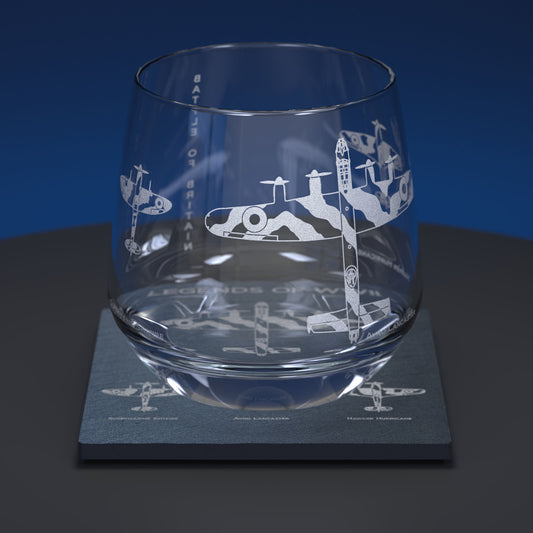 Glass whiskey tumbler set including engraved battle of britain memorial flight glass, together with matching slate coaster.  There are three airplanes engraved on the glass including the Lancaster, the Spitfire and the Hurricane