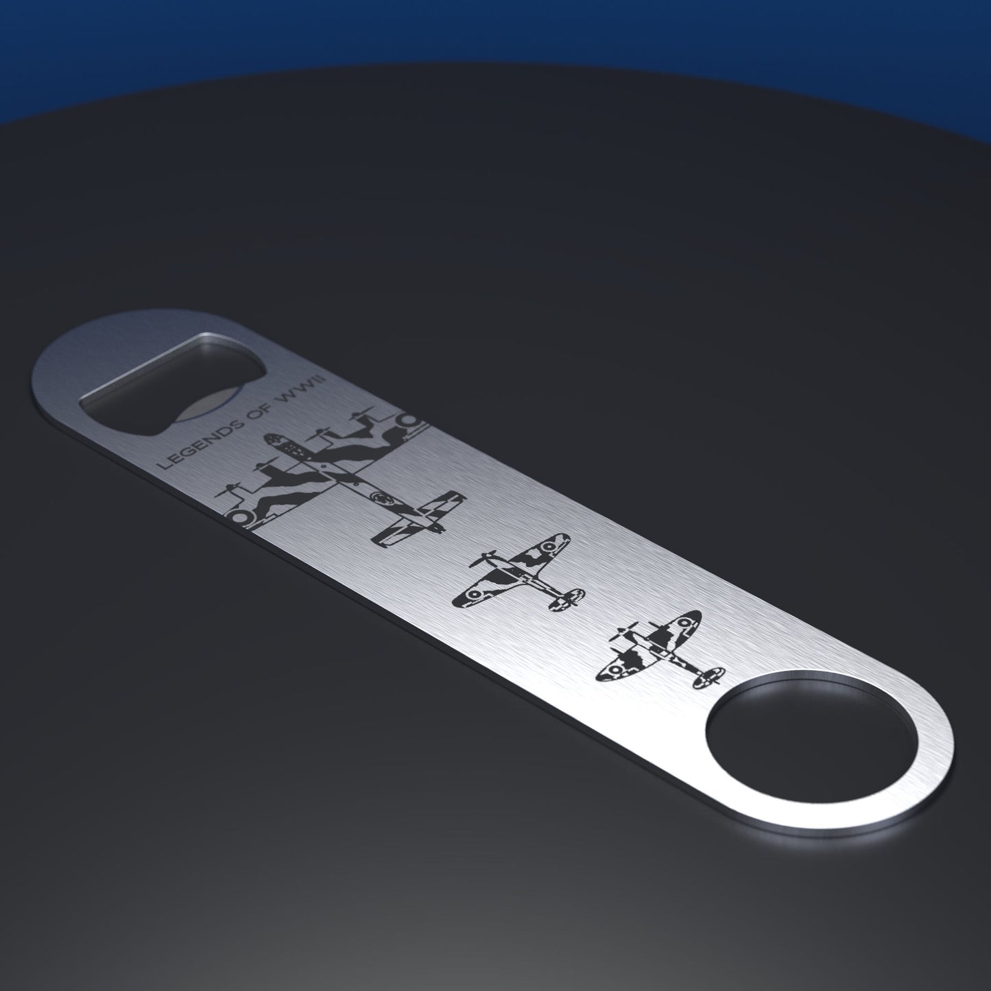 Stainless steel bottle opener engraved with Legends of WW2, three engravings of Lancaster, Hurricane and Spitfire