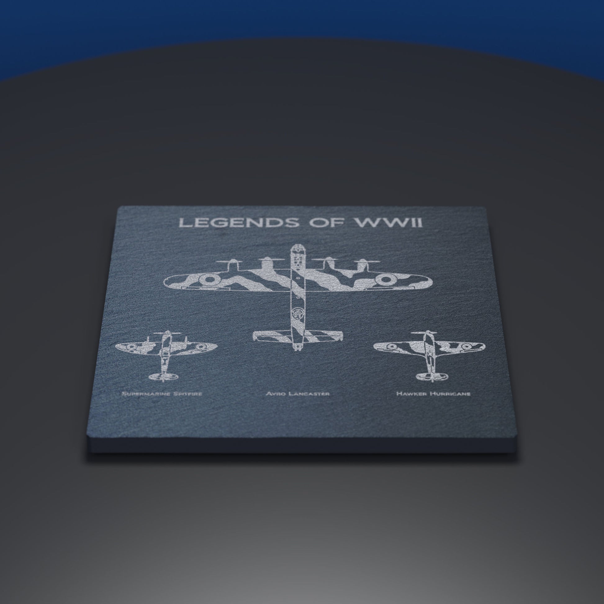 Slate coaster engraved with Legends of WW2, including the Lancaster, Spitfire and Hurricane