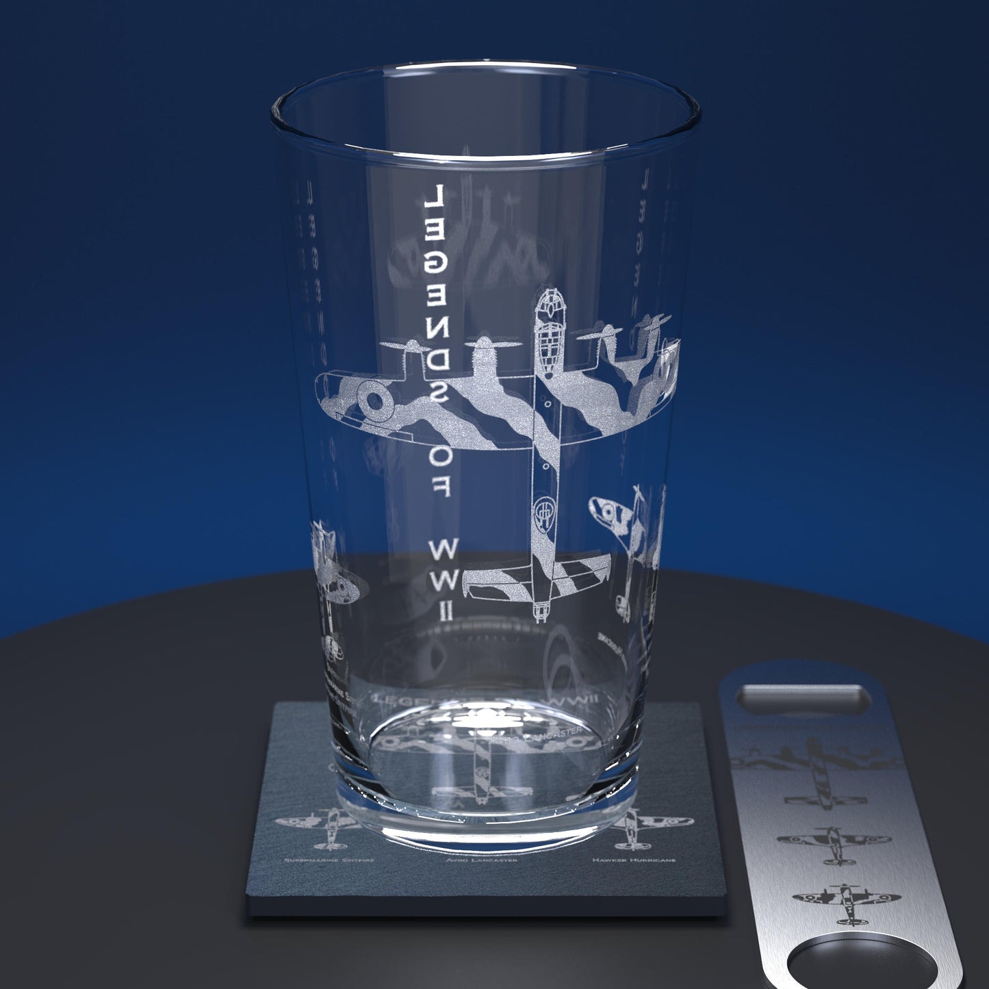 Pint glass sent comprising of glass, slate coaster and stainless steel bottle opener.  The matching engravings consists of the Spitfire, Lancaster and Hurricane, the words Legends of WW2 are engraved down the glass
