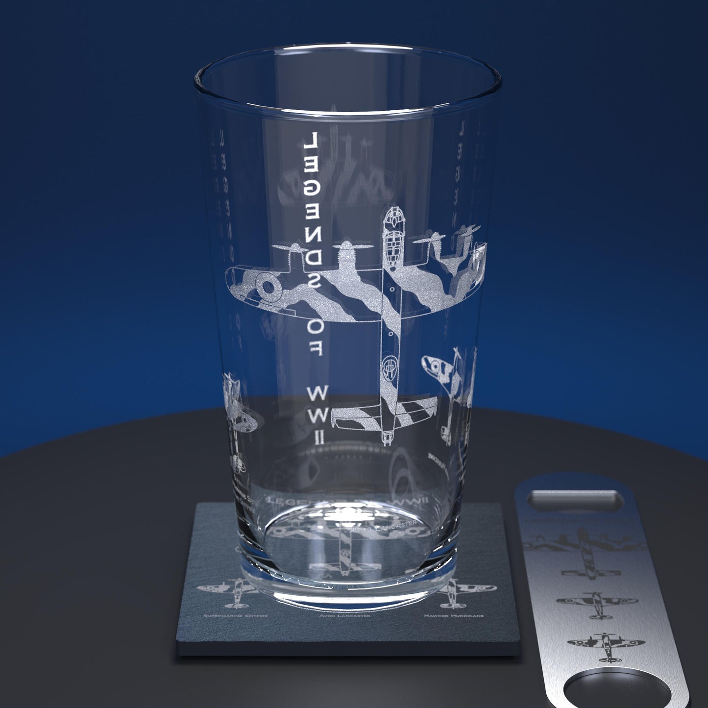 Pint glass sent comprising of glass, slate coaster and stainless steel bottle opener. The matching engravings consists of the Spitfire, Lancaster and Hurricane, the words Legends of WW2 are engraved down the glass