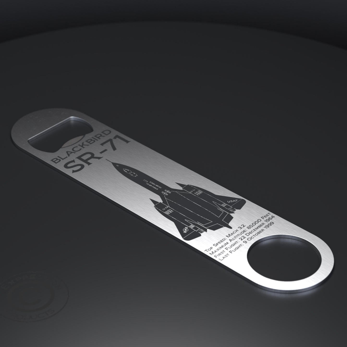 This SR-71 Blackbird Engraved Bottle Opener is crafted from durable stainless steel, it features a finely detailed engraving of the legendary SR-71.