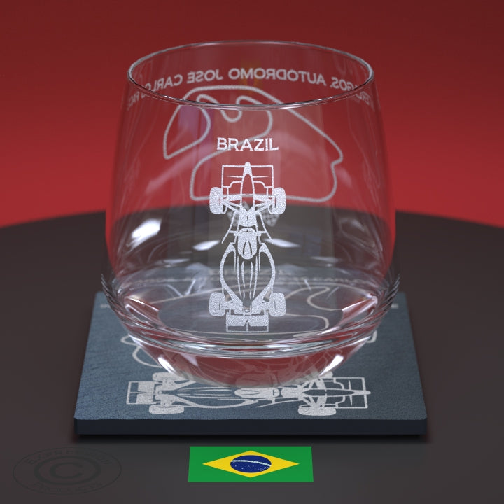 Brazilian Grand Prix F1 Engraved Whiskey Tumbler Glass And Slate Coaster, Formula 1 Interlagos Autodromo Jose Carlos Pace Glass & Coaster