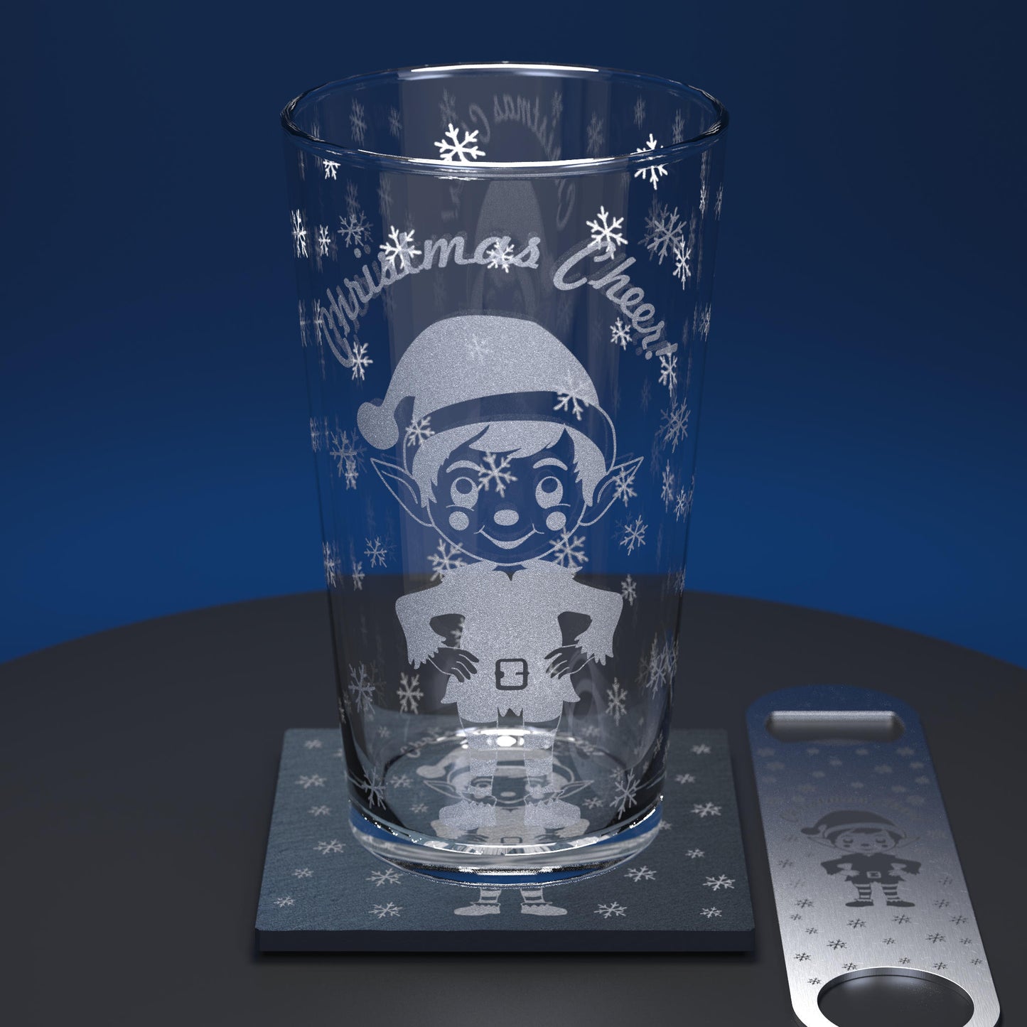 pint glass set including glass, slate coaster and stainless steel bottle opener all engraved with a christmas elf and christmas cheer text