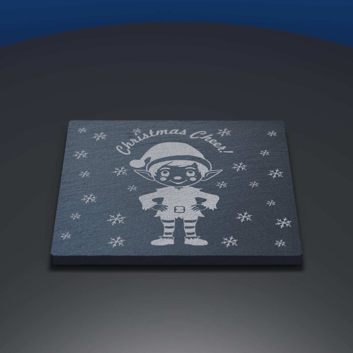slate coaster with christmas elf and christmas cheer text