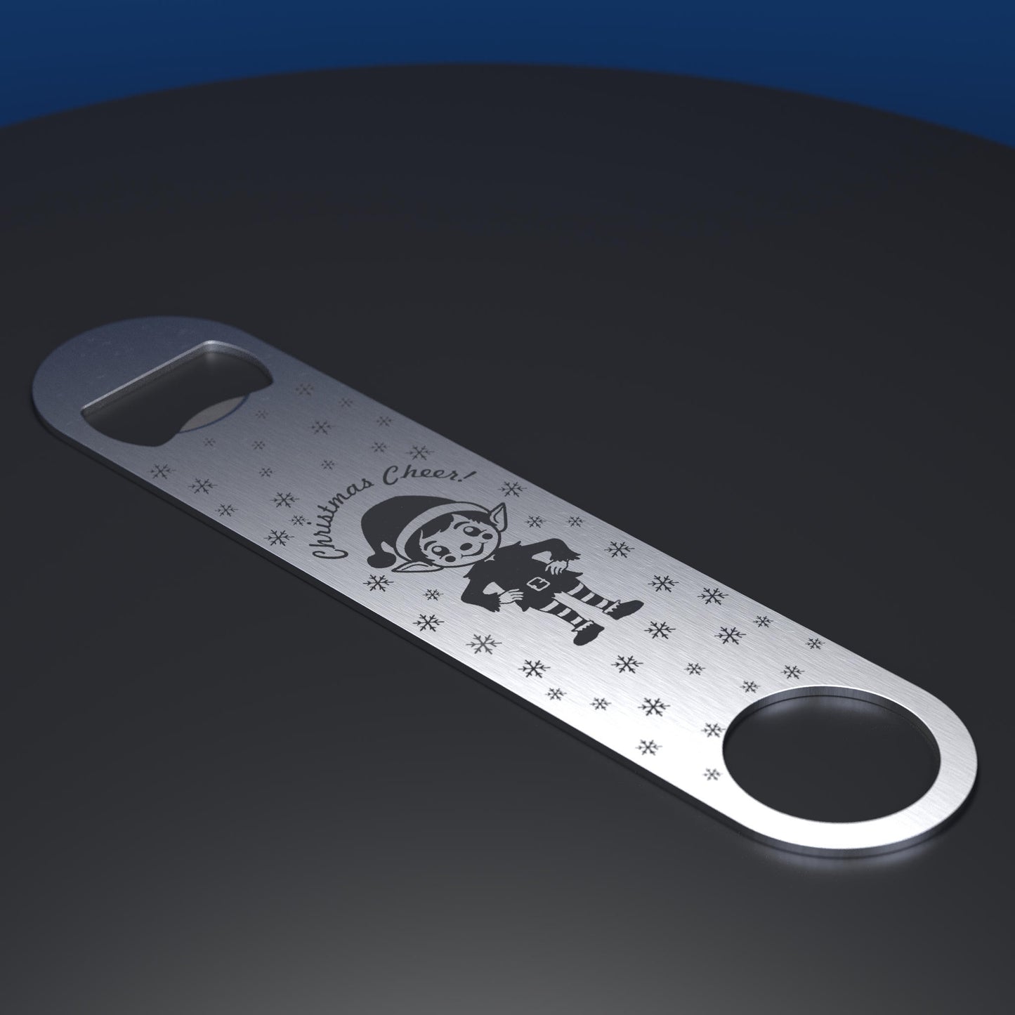 Stainless steel bottle opener with engraved christmas elf and christmas cheer text
