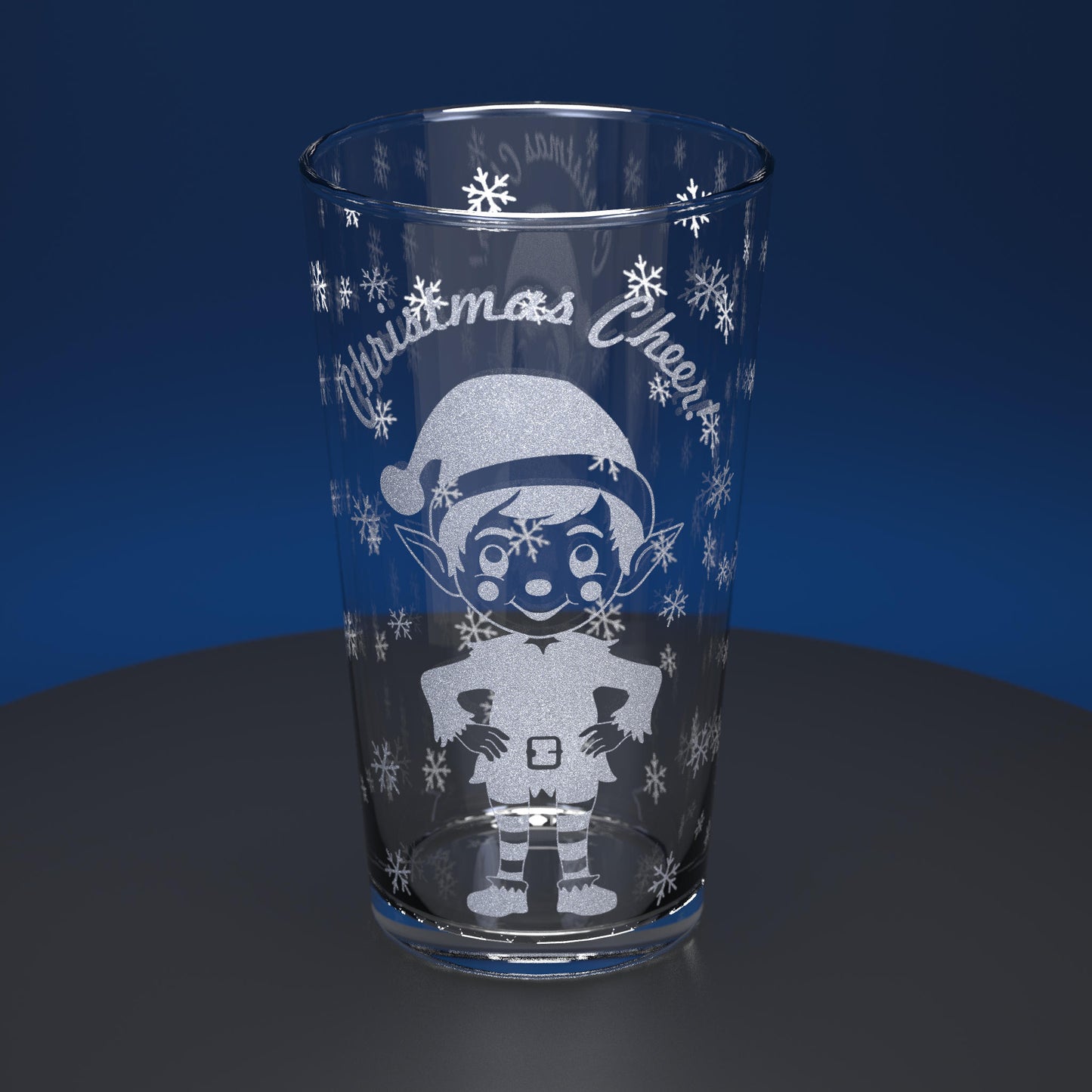 pint glass engraved with christmas elf and christmas cheer text