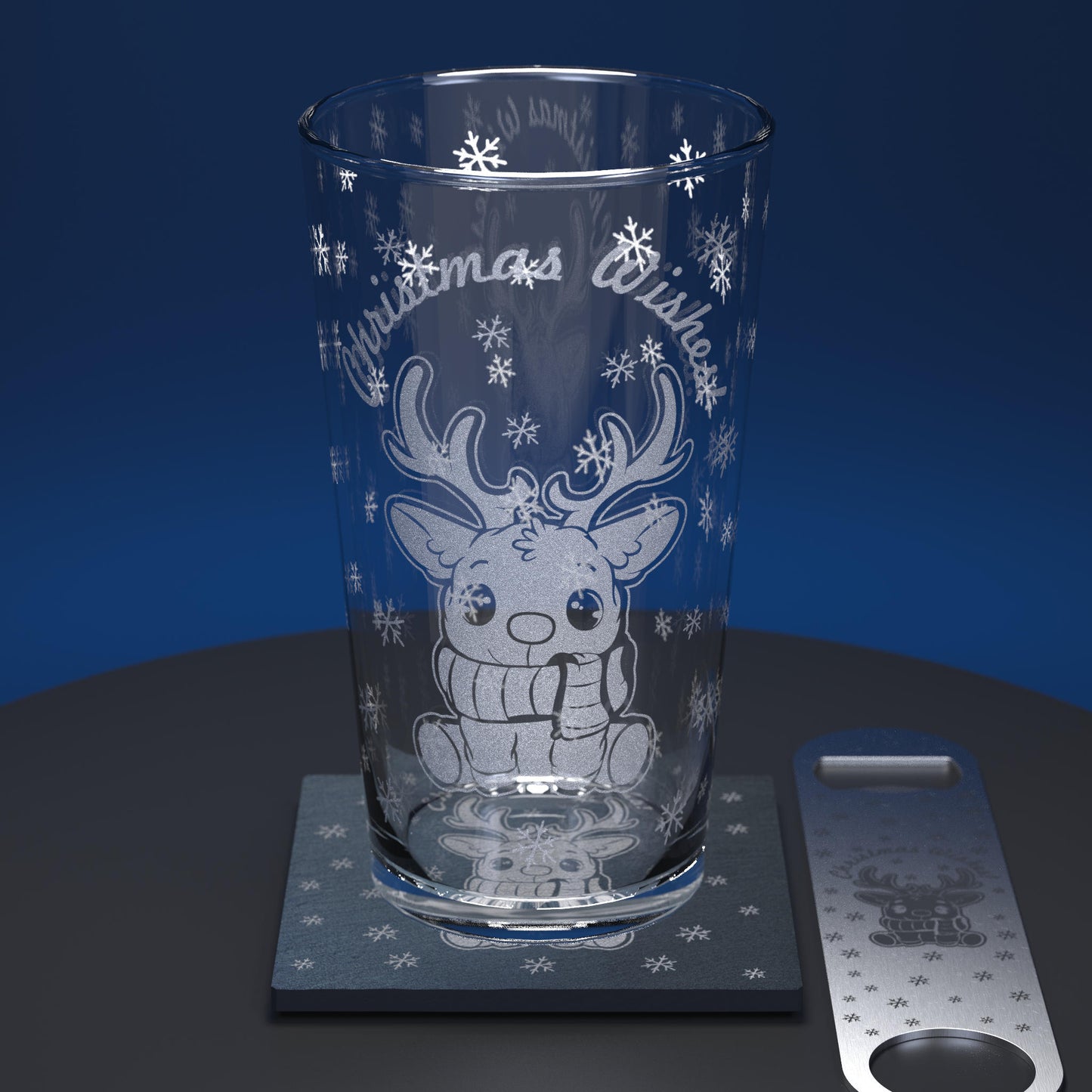 Pint glass set comprising of glass, slate coaster and stainless steel bottle opener engraved with cartoon style reindeer with Christmas Wishes wording