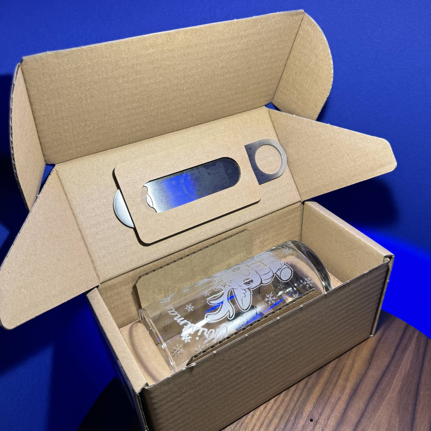 pint glass set engraved with cartoon style reindeer with Christmas Wishes wording