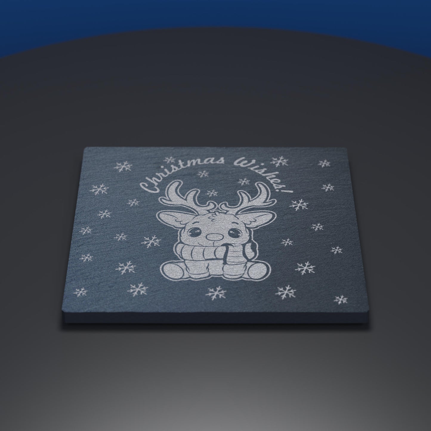 Slate coaster engraved with cartoon style reindeer with Christmas Wishes wording