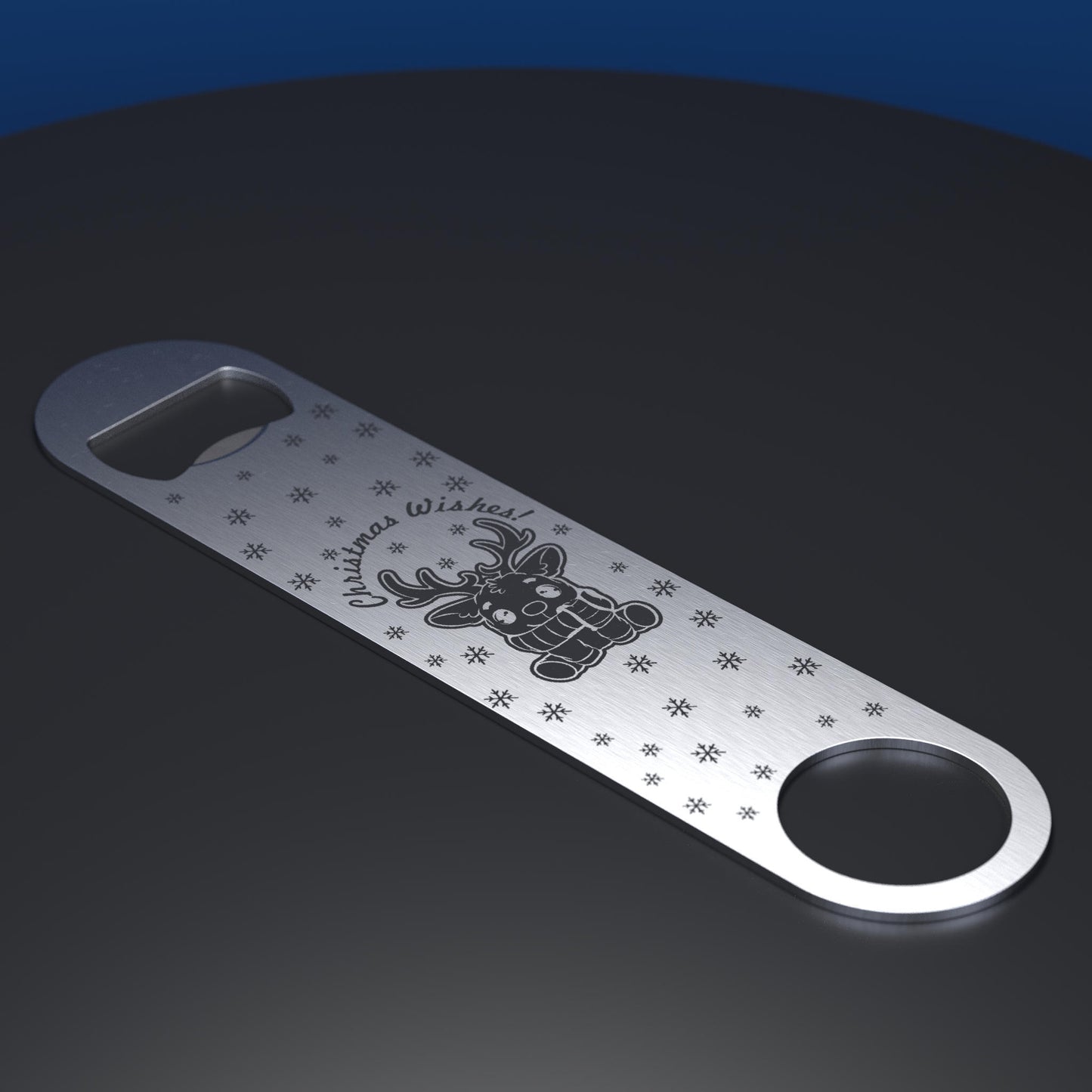 Stainless steel bottle opener engraved with cartoon style reindeer with Christmas Wishes wording