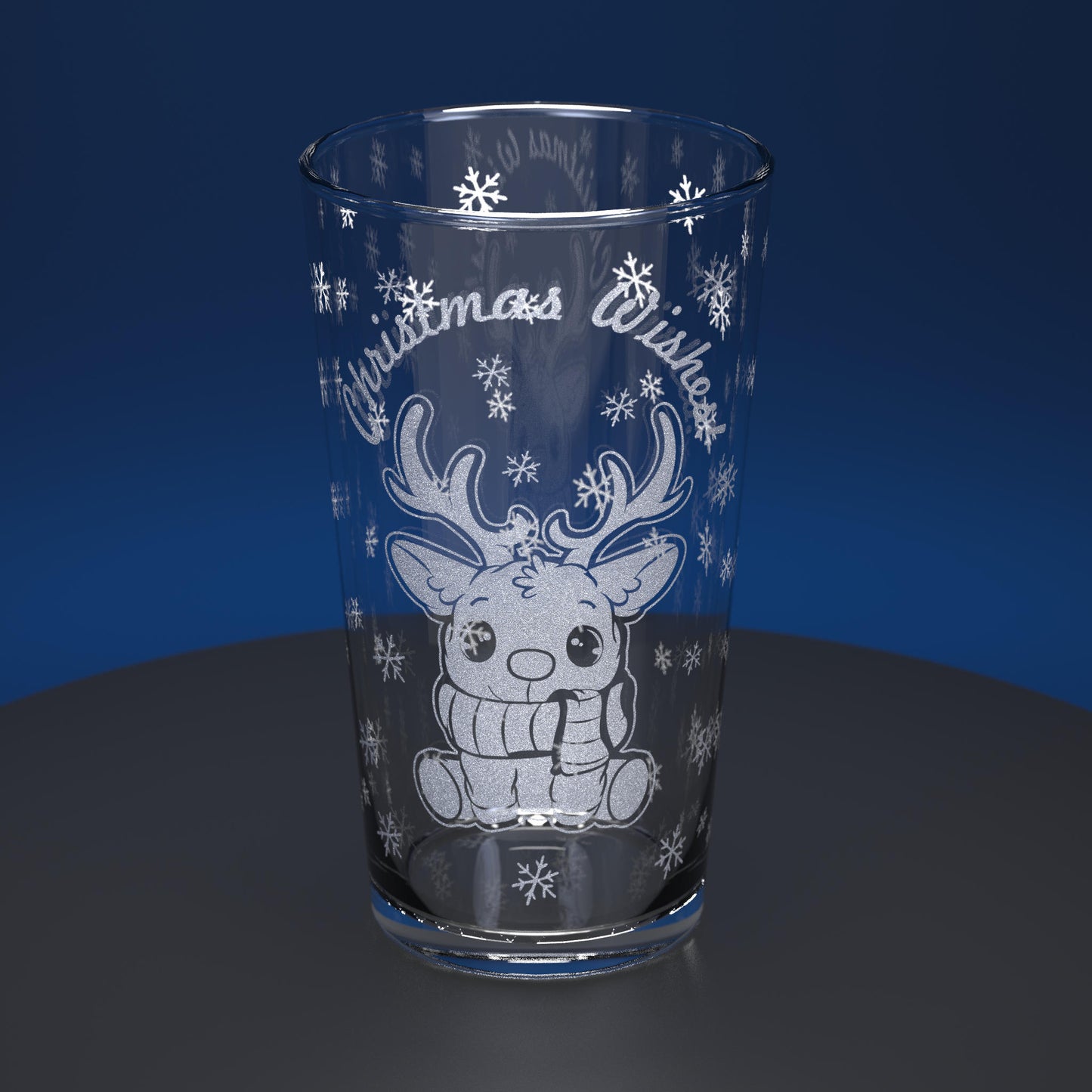 Pint glass engraved with cartoon style reindeer with Christmas Wishes wording
