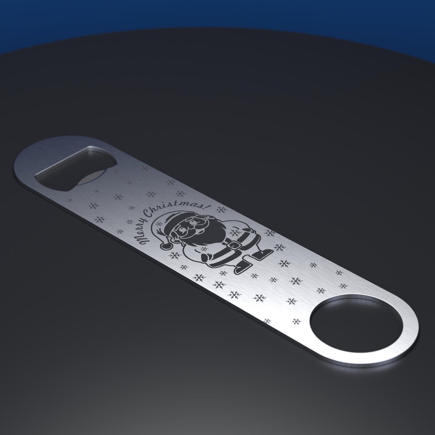 Stainless steel bottle opener engraved with cartoon santa and Merry Christmas text