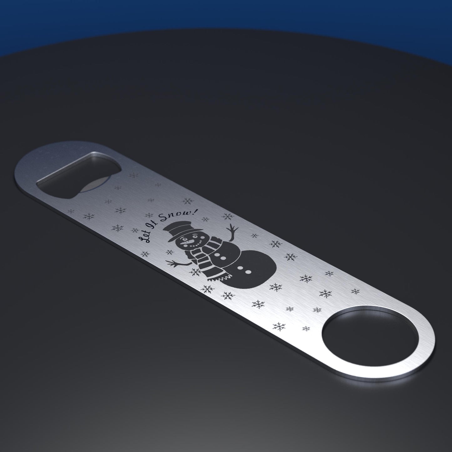 Stainless steel bottle opener engraved with a cartoon snowman and Let it Snow text