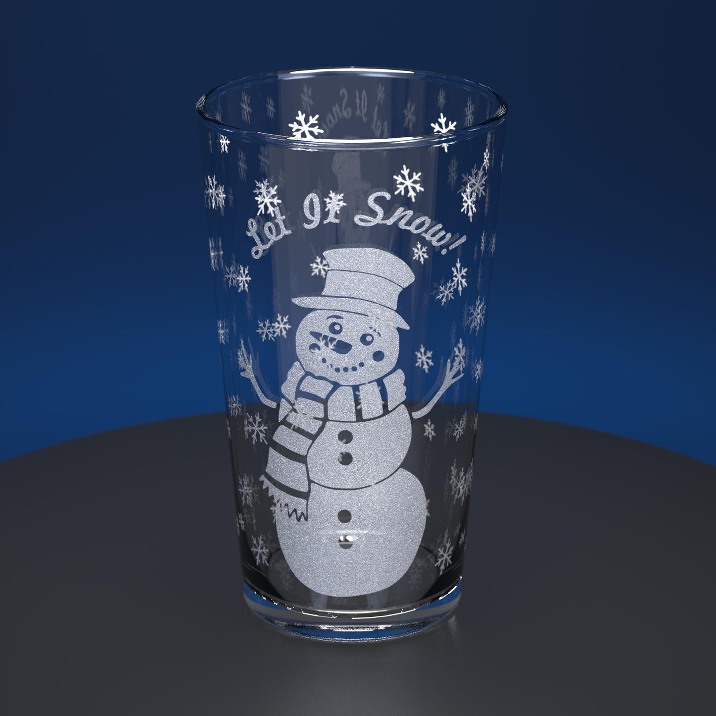 pint glass engraved with a cartoon snowman and Let it Snow text
