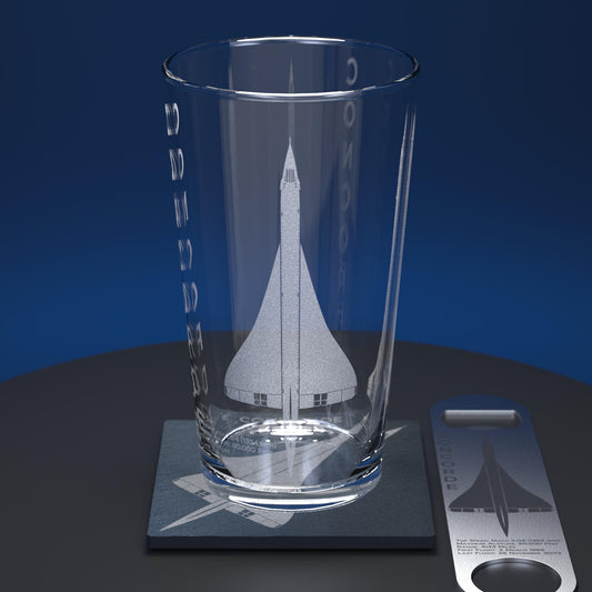 Pint glass set including Concorde engraved pint glass, slate coaster and stainless steel bottle opener