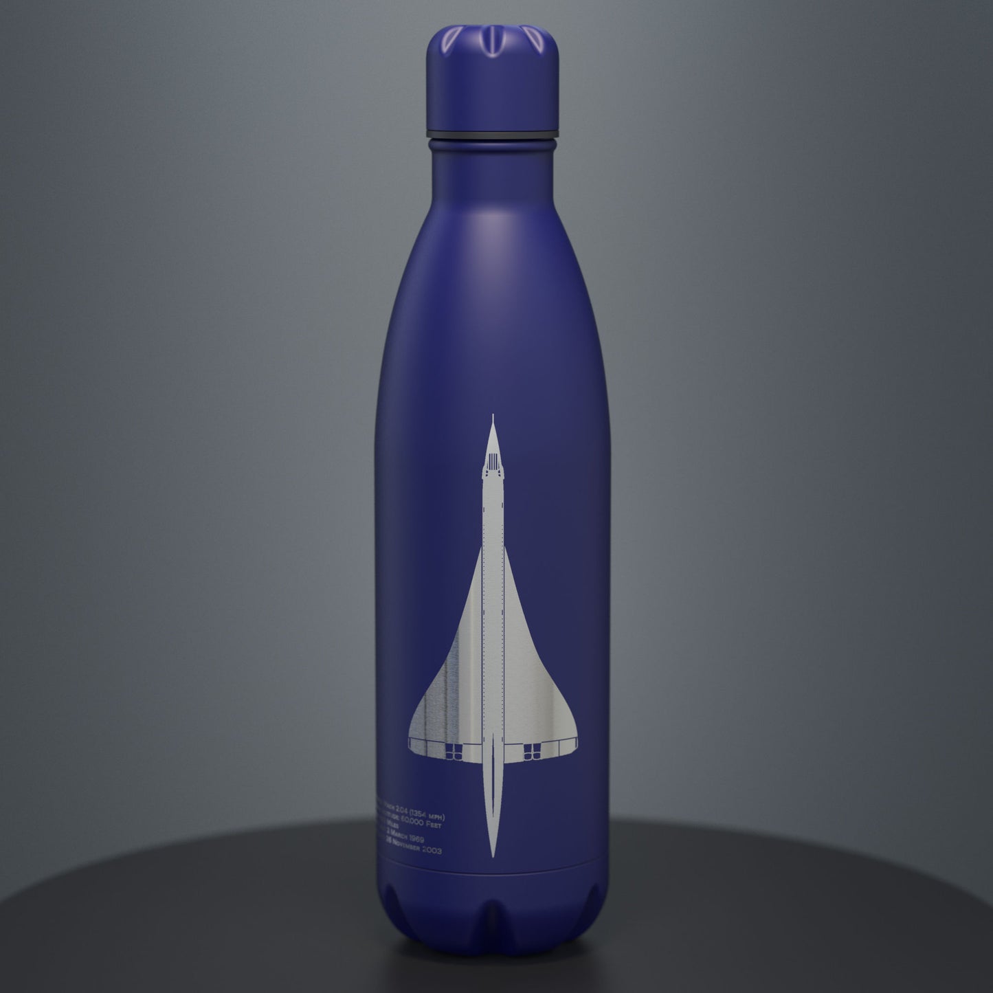 blue stainless steel insulated water bottle engraved with the legendary concorde
