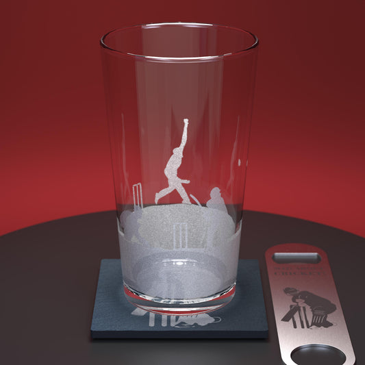 pint glass set including glass, slate coaster and stainless steel bottle opener engraved with a cricket theme