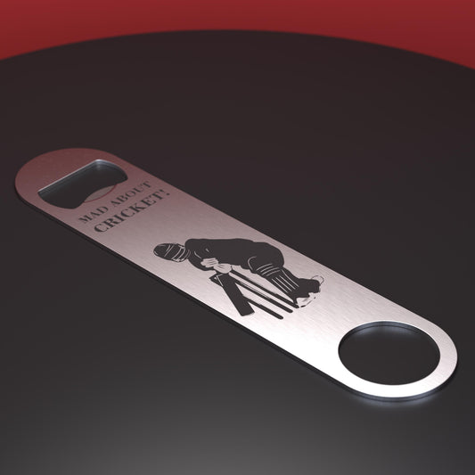 Stainless steel bottle opener engraved with a batting cricketer