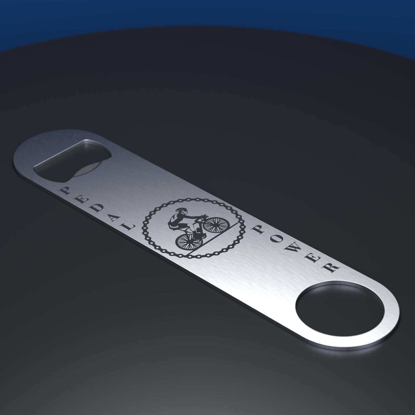 Stainless Steel bottle opener engraved with cyclist and pedal power text