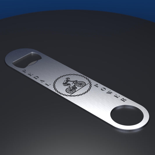 Stainless steel bottle opener engraved with cyclist and pedal power text