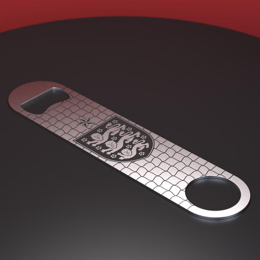 Stainless steel bottle opener engraved with  England Football logo and net design