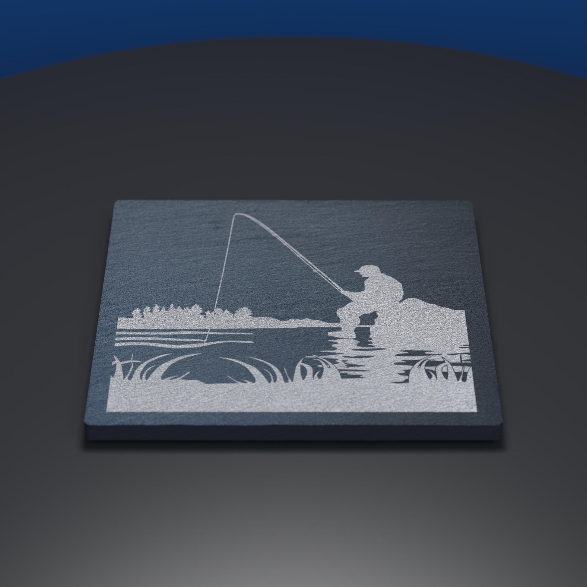 Slate coaster engraved with fishing theme and Eat, Sleep, Fish, Repeat text