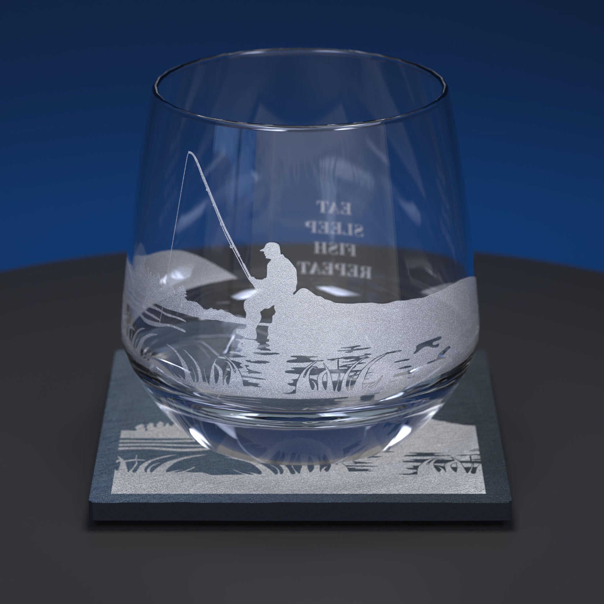 Glass whiskey tumbler engraved with Fishing design and the words Eat, sleep , fish, repeat together with matching slate coaster