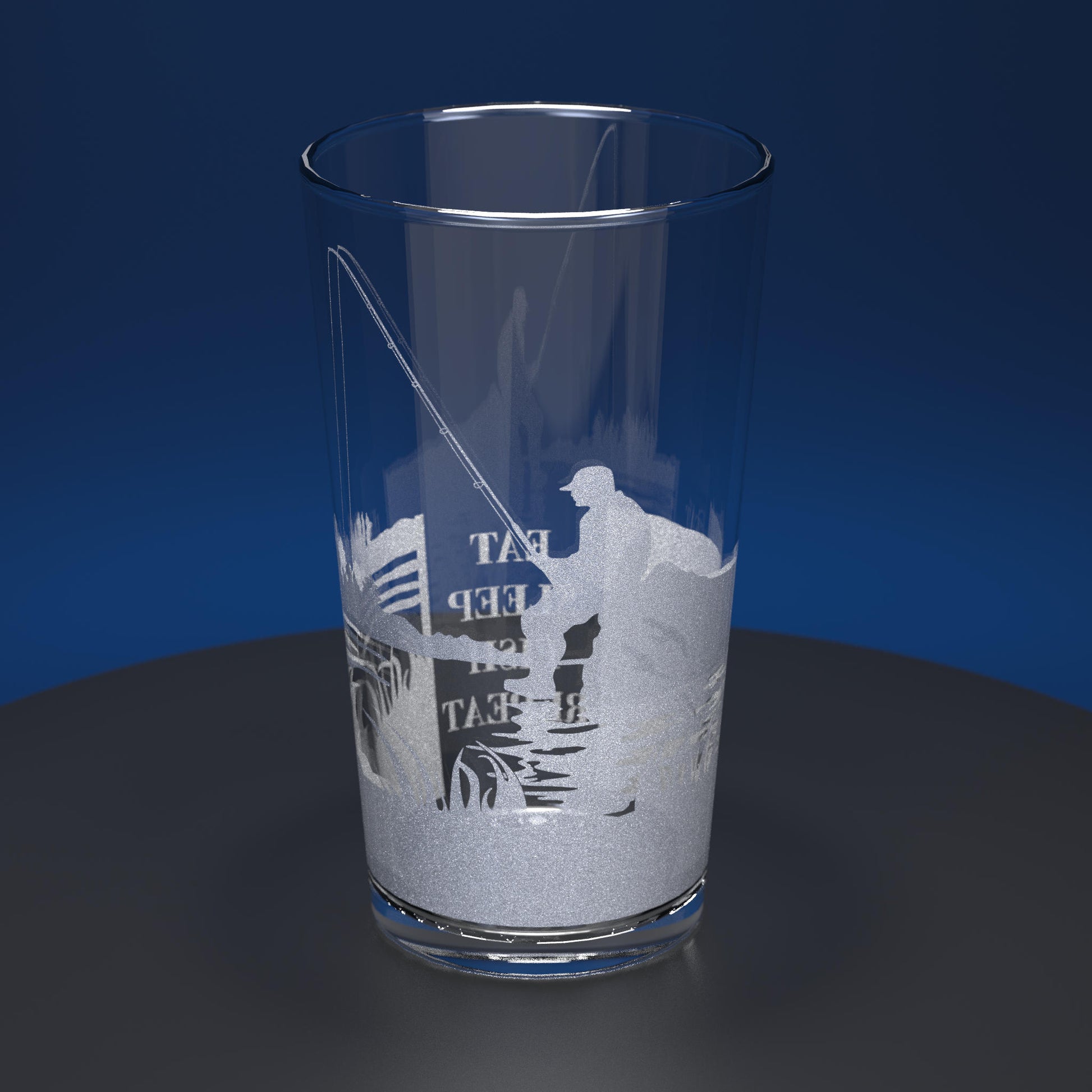 Pint glass engraved with fishing theme and Eat, Sleep, Fish, Repeat text