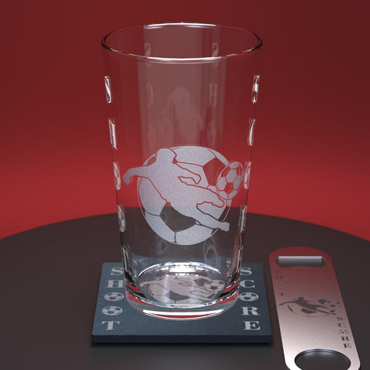 Pint glass set including glass, slate coaster and stainless steel bottle opener engraved with footballer and football and shoot, score text