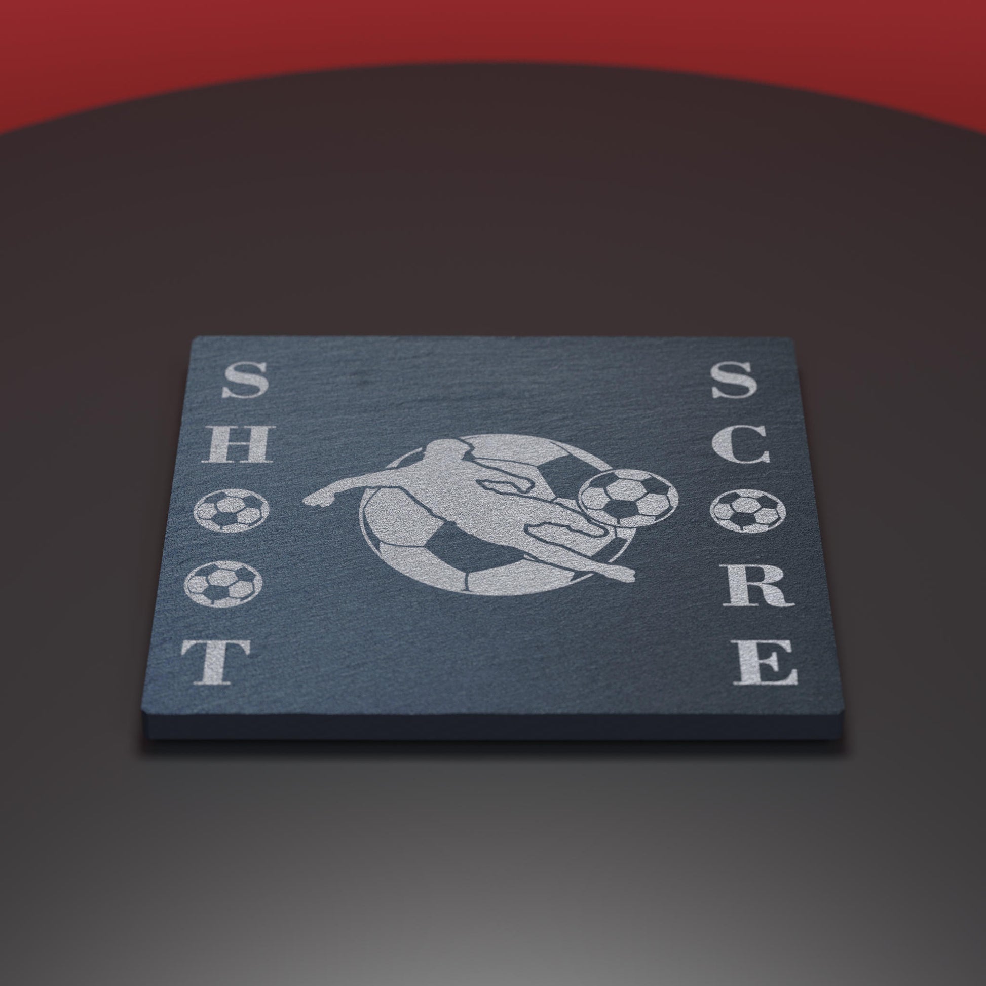 slate coaster with footballer and football with shoot, score text