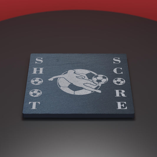 slate coaster engraved with footballer and football and shoot score text