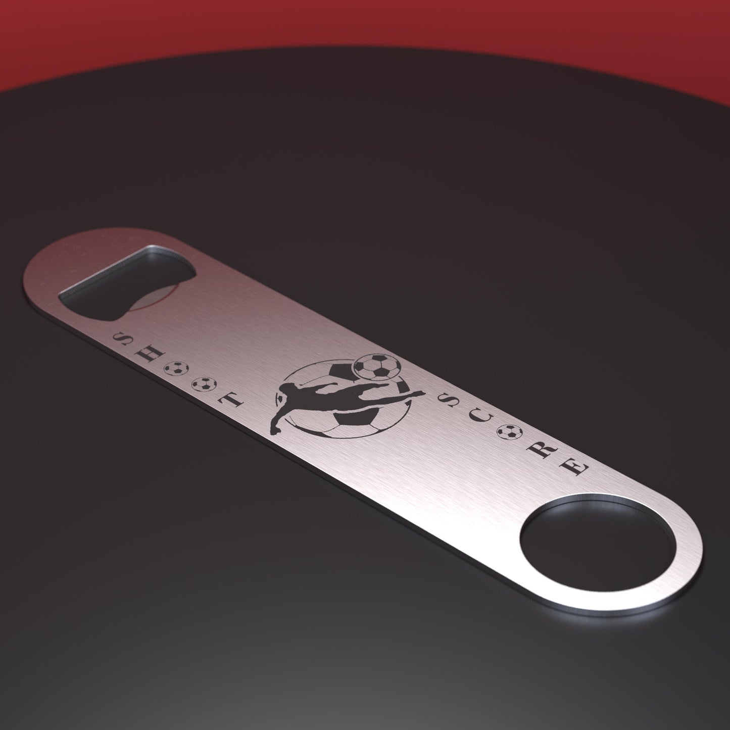 stainless steel bottle opener engraved with footballer and football and shoot score text