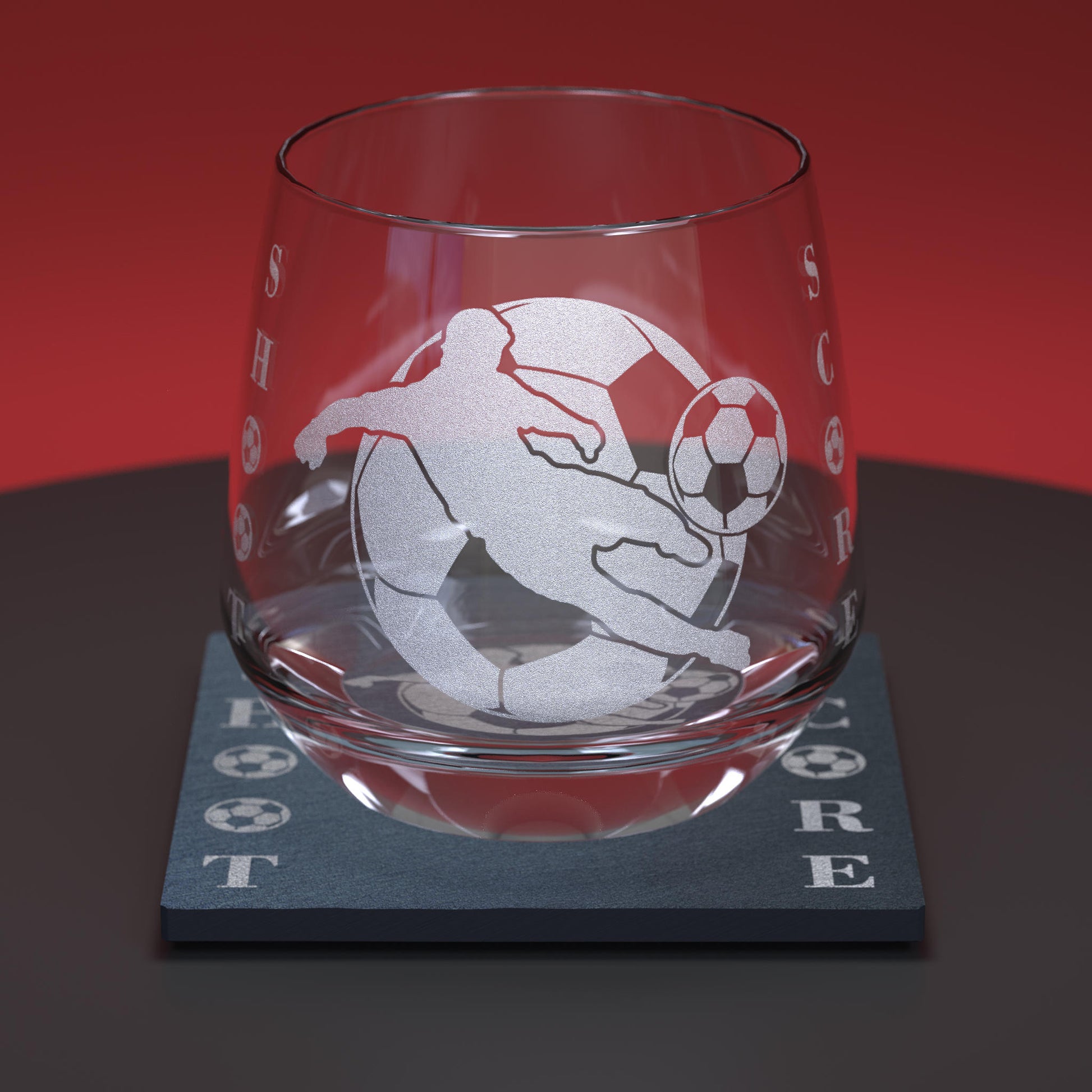 glass whiskey tumbler engraved with footballer and football and Shoot, Score text including matching slate coaster