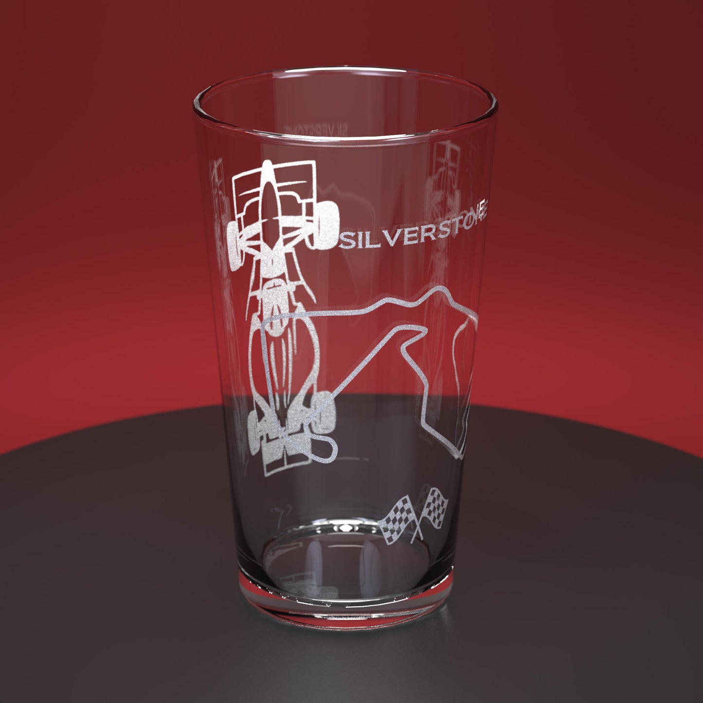 Pint glass  engraved with F1 car and silverstone track