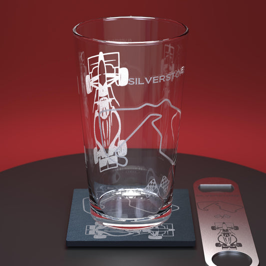 Pint glass set including glass, slate coaster and stainless steel bottle opener engraved with F1 car and silverstone track