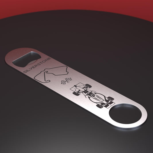 Stainless steel bottle opener  engraved with F1 car and silverstone track