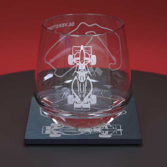 Formula 1 and Silverstone engraved glass whiskey tumbler set including matching slate coaster