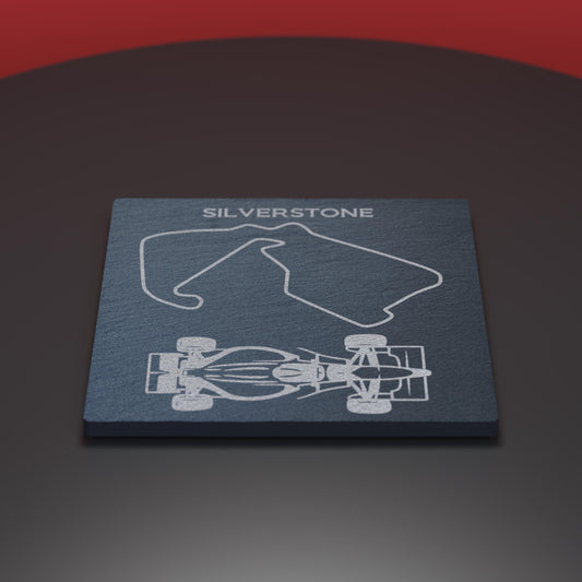 Slate coaster engraved with F1 car and silverstone track