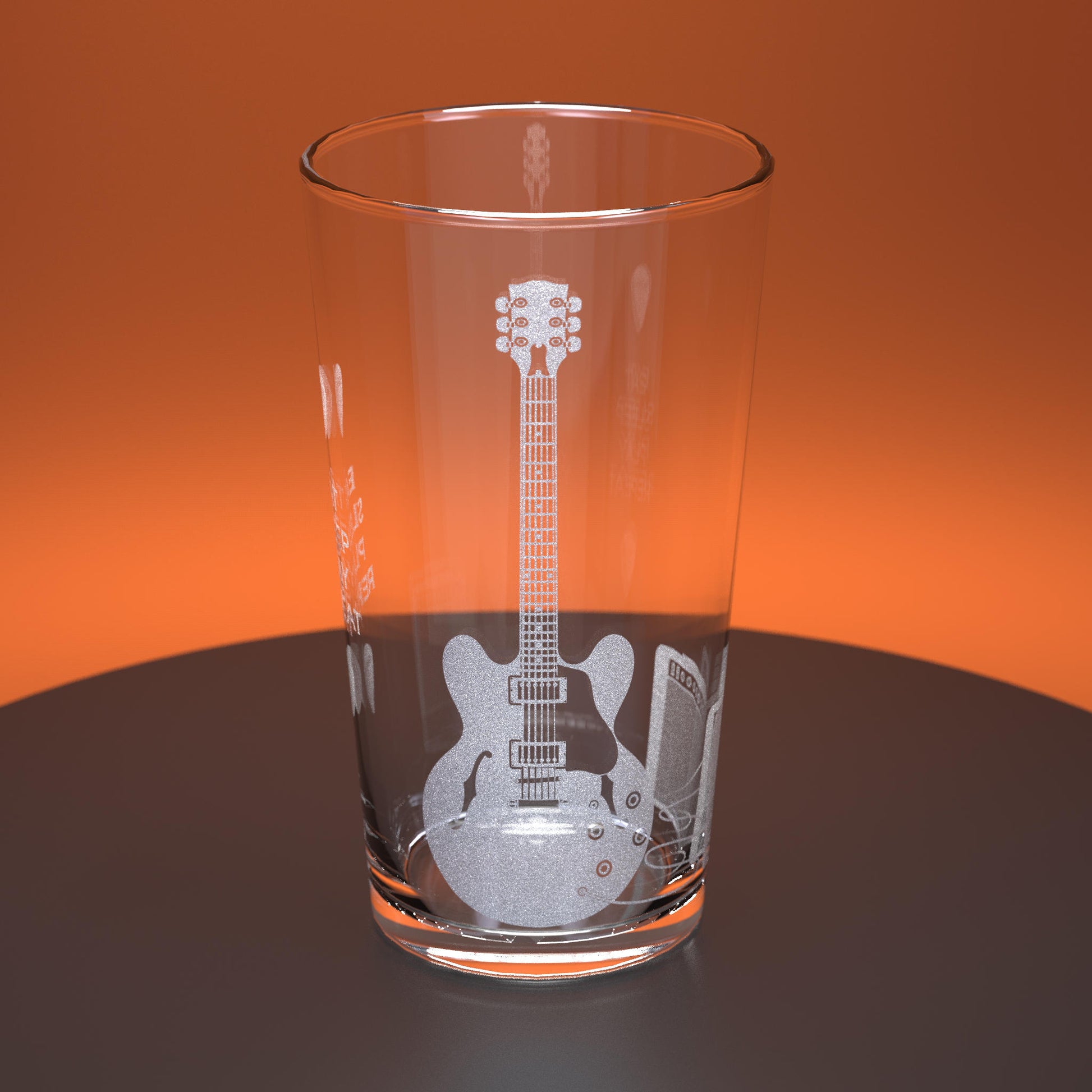 Pint glass engraved with an electric guitar and amp with the words Eat, Sleep, Play, Repeat