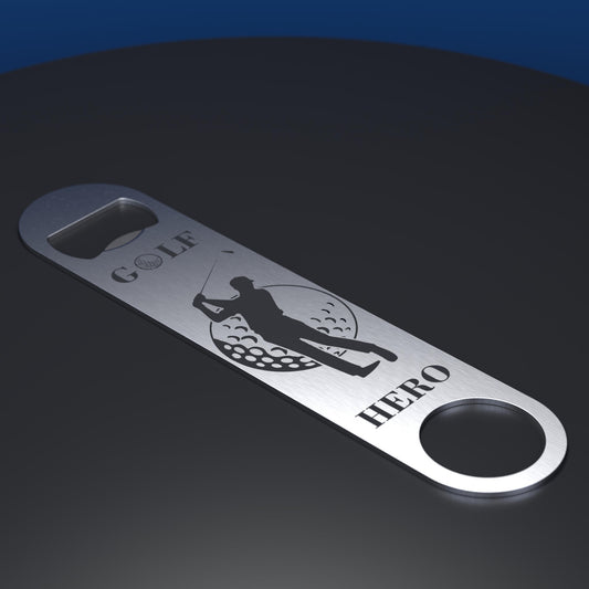 Stainless steel bottle opener engraved with a golfer and golf ball with the words Golf Hero