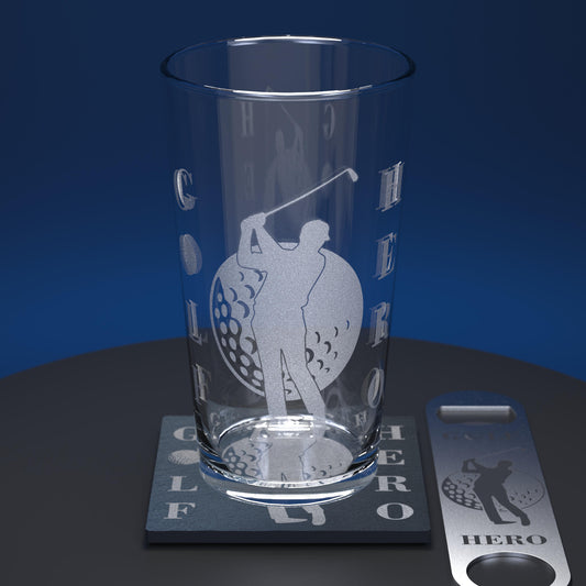 Pint glass set including glass, slate coaster and stainless steel bottle opener engraved with a golfer and golf ball with the words Golf Hero