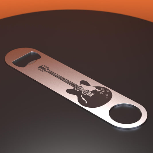Stainless steel bottle opener engraved with an electric guitar with the words Eat, Sleep, Play, Repeat